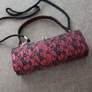 Red with Black Lace Overlay Kiss Lock  Evening Bag